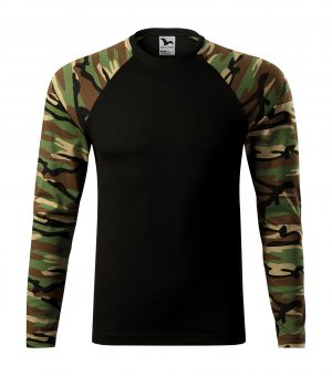 tričko Camouflage woodland M střih s bočními švy úzký lem průkrčníku z žebrového úpletu 1:1 s 5 % elastanu vnitřní část průkrčníku začištěna páskou v barvě 01 dlouhé raglánové rukávy v barvě camouflage Single Jersey