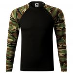 tričko Camouflage woodland XL střih s bočními švy úzký lem průkrčníku z žebrového úpletu 1:1 s 5 % elastanu vnitřní část průkrčníku začištěna páskou v barvě 01 dlouhé raglánové rukávy v barvě camouflage Single Jersey