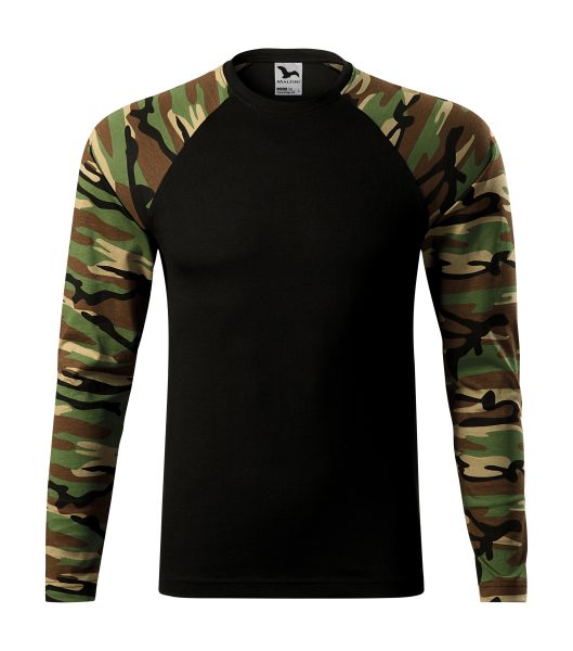 tričko Camouflage woodland XL střih s bočními švy úzký lem průkrčníku z žebrového úpletu 1:1 s 5 % elastanu vnitřní část průkrčníku začištěna páskou v barvě 01 dlouhé raglánové rukávy v barvě camouflage Single Jersey