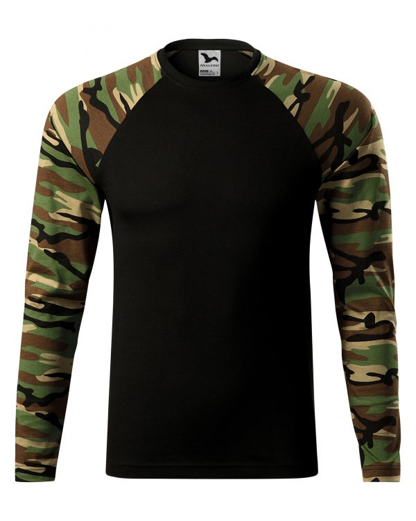 tričko Camouflage woodland XXL střih s bočními švy úzký lem průkrčníku z žebrového úpletu 1:1 s 5 % elastanu vnitřní část průkrčníku začištěna páskou v barvě 01 dlouhé raglánové rukávy v barvě camouflage Single Jersey