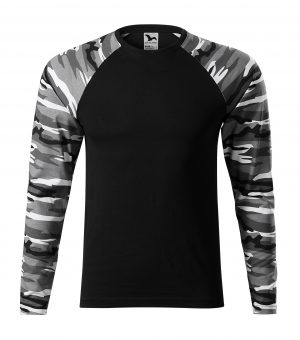 tričko Camouflage metro  M střih s bočními švy úzký lem průkrčníku z žebrového úpletu 1:1 s 5 % elastanu vnitřní část průkrčníku začištěna páskou v barvě 01 dlouhé raglánové rukávy v barvě camouflage Single Jersey