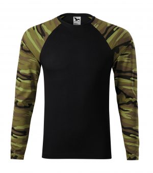 tričko Camouflage vzor 95 XXL střih s bočními švy úzký lem průkrčníku z žebrového úpletu 1:1 s 5 % elastanu vnitřní část průkrčníku začištěna páskou v barvě 01 dlouhé raglánové rukávy v barvě camouflage Single Jersey