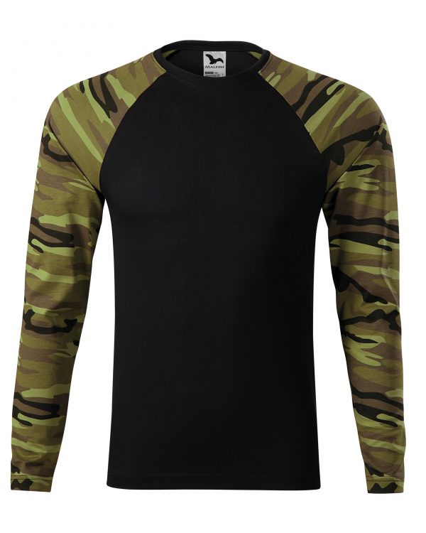 tričko Camouflage vzor 95 XXL střih s bočními švy úzký lem průkrčníku z žebrového úpletu 1:1 s 5 % elastanu vnitřní část průkrčníku začištěna páskou v barvě 01 dlouhé raglánové rukávy v barvě camouflage Single Jersey