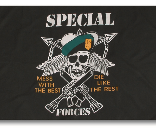 Mil-Tec vlajka US Spec.Forces 2 kovová očka pro zavěšení     100% polyester     Rozměry: 90 x 150 cm