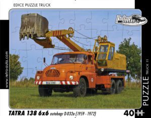 puzzle Truck Tatra 138 6x6 autobagr D-032a-40 dílků PUZZLE TRUCK 11 - TATRA 138 6X6 AUTOBAGR D-032A (1959 - 1972) 40 DÍLKŮ   Rozměry deskového puzzle: 37 cm x 29 cm Materiál: originál puzzle lepenka o síle 2 mm Rozměry balení: 37 cm x 29 cm Rozměry jednotlivých dílků: cca 4 x 5 cm Počet dílků: 40   Nevhodné pro děti do 3 let!!!  Sběratelská série EDICE RETRO-AUTA -TRUCK. Puzzle z této edice jsou nejen ideálním dárkem pro všechny automobilové nadšence