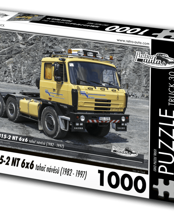 puzzle truck Tatra 815-2 NT 6x6 tahač návěsů-1000 dílků PUZZLE TRUCK 30 - TATRA 815-2 NT 6X6 TAHAČ NÁVĚSŮ (1982 - 1997) 1000 DÍLKŮ   Rozměry složeného puzzle: 660 x 470 mm Materiál: originál puzzle lepenka o síle 1