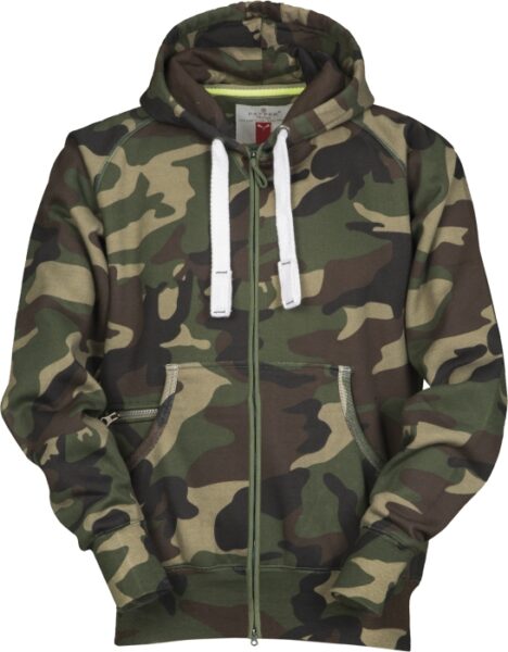 mikina DALLAS Camouflage pánská XXL pánská volnočasová mikina s plastovým skrytým celozipem SBS s dvojitým kovovým jezdcem kapuce s dvojitým prošitím bílá stahovací šňůrka se sladěným prošitím a s kovovými kroužky raglánové rukávy klokaní kapsy kapsička na zip manžety a pas s elastickým žebrováním zesílené švy materiál: 70% bavlna