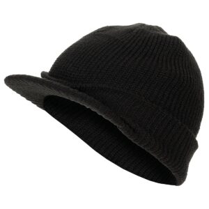 MFH čepice Jeep Cap černá čepice Jeep Cap s kšiltem   replika dnes již legendární vojenské US zimní čepice „jeep cap“ oproti originálu je zhotovena s hrubším úpletem materiál: 100% acryl plastové vystužení šťítku univerzální velikost