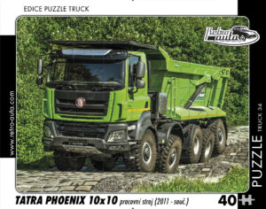 puzzle Truck Tatra Phoenix 10x10 pracovní stroj (2011-souč.)-40 dílků Rozměry deskového puzzle: 37 cm x 29 cm Materiál: originál puzzle lepenka o síle 2 mm Rozměry balení:37 cm x 29 cm Rozměry jednotlivých dílků: cca 4 x 5 cm Počet dílků:40 Nevhodné pro děti do 3 let!!!   Sběratelská série EDICE RETRO-AUTA -TRUCK. Puzzle z této edice jsou nejen ideálním dárkem pro všechny automobilové nadšence