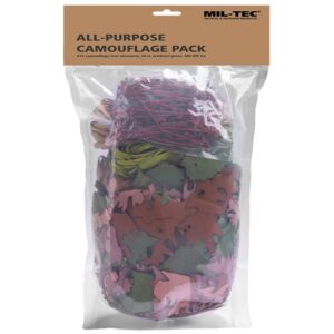 Mil-Tec sada maskovací ALL-Purpose Camouflage Maskovací sada pro všeobecné použití. Je vyroben výhradně z odolného polyesteru 174 g/m2 pro vysokou odolnost a nízkou hmotnost. Je ideální pro rozšiřování a přizpůsobování maskovacích kabátů za účelem vytvoření oblečení na míru pro individuální potřeby a podmínky použití.  Sada obsahuje 315 maskovacích prvků ve tvaru listu a 30 metrů umělé trávy