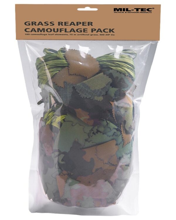 Mil-Tec sada maskovací Grass Reaper Camouflage Maskovací sada pro travnaté plochy. Vyrobeno výhradně z odolného polyesteru 174 g/m2 pro vysokou odolnost a nízkou hmotnost. Sada je ideální pro rozšiřování a přizpůsobování maskovacích kabátů k vytvoření oblečení na míru pro individuální potřeby a polní podmínky.  Sada obsahuje 189 maskovacích prvků ve tvaru listu a 75 metrů umělé trávy