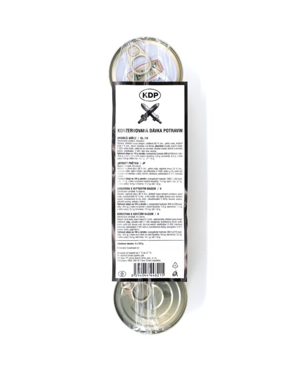 balíček potravin KDP (konzerva) balíček potravin KDP (konzerva)  balíček potravin KDP (konzerva)  konzervovaná denní dávka potravin  balení obsahuje 4 druhy konzerv    drůbeží lunchmeat  játrová paštika  vepřové maso  hovězí maso   sterilovaný masný výrobek - konzerva hmotnost obsahu: 180g obsah tuku max. 40%  skladujte při teplotě od 2'C do 27'C po otevření ihned spotřebujte