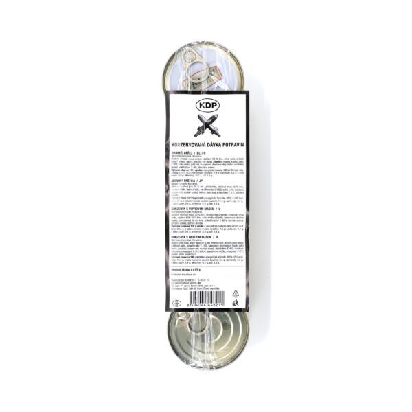 balíček potravin KDP (konzerva) balíček potravin KDP (konzerva)  balíček potravin KDP (konzerva)  konzervovaná denní dávka potravin  balení obsahuje 4 druhy konzerv    drůbeží lunchmeat  játrová paštika  vepřové maso  hovězí maso   sterilovaný masný výrobek - konzerva hmotnost obsahu: 180g obsah tuku max. 40%  skladujte při teplotě od 2'C do 27'C po otevření ihned spotřebujte