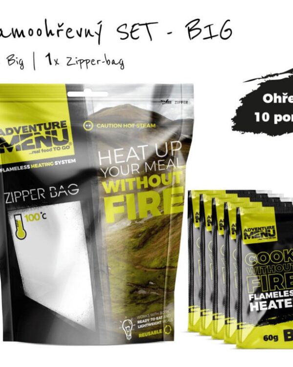 Adventure Menu Samoohřevný SET BIG 5x60g + Zipper-bag Představujeme zcela nové a výkonnější samoohřevy pro jídla Adventure Menu!   Užij si nejvyšší možný komfort na cestách. Od teď už nemusíš všude tahat vařič