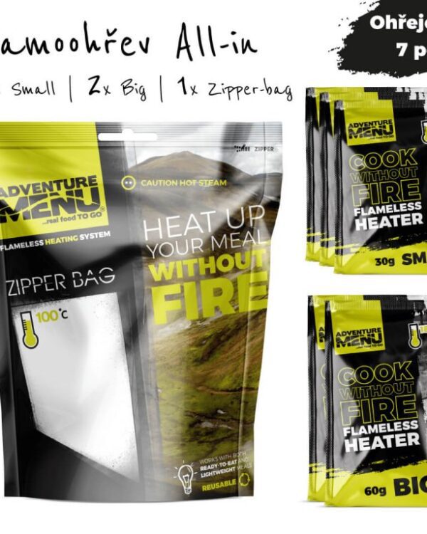 Adventure Menu Samoohřev ALLinONE 3x30g + 2x60g + Zipper-bag Představujeme zcela nové a výkonnější samoohřevy pro jídla AdventureMenu!   Užij si nejvyšší možný komfort na cestách. Od teď už nemusíš všude tahat vařič