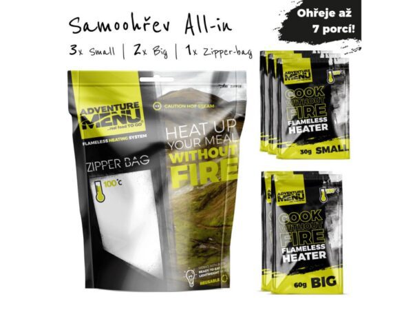 Adventure Menu Samoohřev ALLinONE 3x30g + 2x60g + Zipper-bag Představujeme zcela nové a výkonnější samoohřevy pro jídla AdventureMenu!   Užij si nejvyšší možný komfort na cestách. Od teď už nemusíš všude tahat vařič