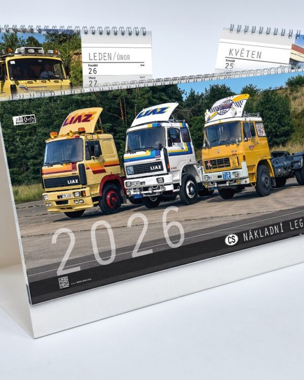 kalendář stolní 14 denní CS nákladní legendy 2026 Speciálně vydaný stolní kalendář pro všechny fanoušky československých nákladních vozů s fotografiemi předního fotografa těchto vozů Jiřího Šmída. Kalendář obsahuje 30 stran