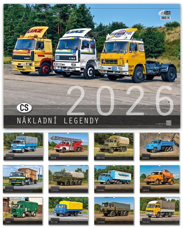 kalendář měsíční Maxi CS nákladní legendy 2026 Speciálně vydaný nástěnný kalendář pro všechny fanoušky československých nákladních vozů s fotografiemi předního fotografa těchto vozů Jiřího Šmída. Kalendář obsahuje 13 stran se 13 ¨plakátovými¨ fotografiemi a přehledným měsíčním kalendáriem.      nástěnný kalendář na rok 2026 rozměry: 480 x 680 mm kalendárium: české měsíční 13 stran novinka 2026