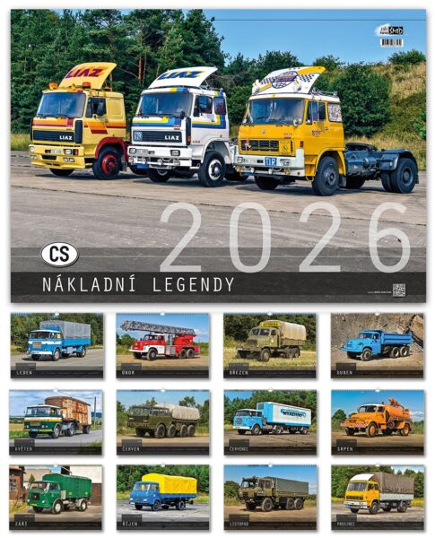 kalendář měsíční Maxi CS nákladní legendy 2026 Speciálně vydaný nástěnný kalendář pro všechny fanoušky československých nákladních vozů s fotografiemi předního fotografa těchto vozů Jiřího Šmída. Kalendář obsahuje 13 stran se 13 ¨plakátovými¨ fotografiemi a přehledným měsíčním kalendáriem.      nástěnný kalendář na rok 2026 rozměry: 480 x 680 mm kalendárium: české měsíční 13 stran novinka 2026